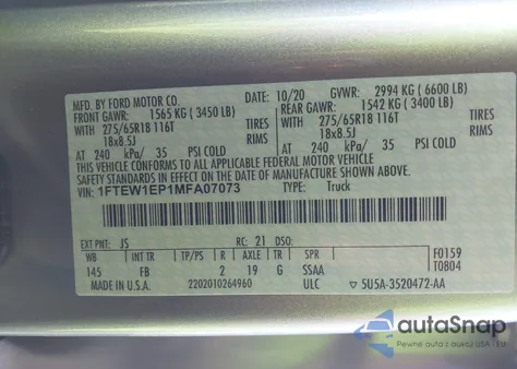 2021 Ford F-150 Xlt z USA, uszkodzony, nr VIN 1FTEW1EP1MFA07073